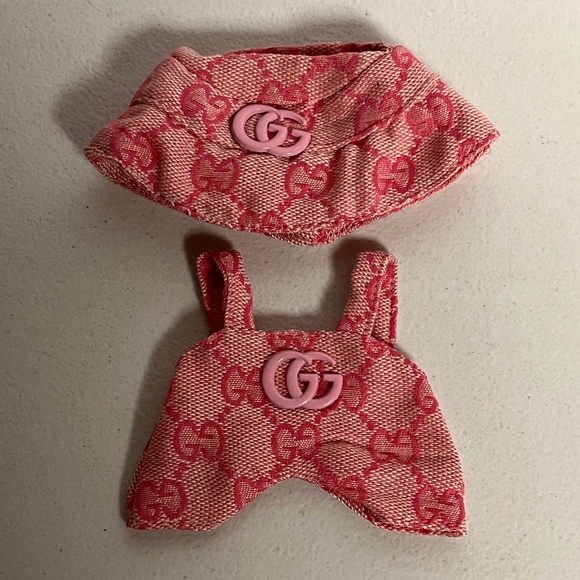 Designer Overalls Bucket Hat 3 Piece Sneaker Outfit Set For Labubu Pink - Picture 2 of 8